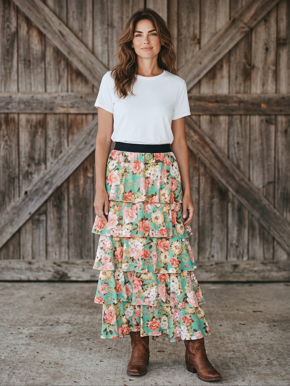 Tiered Ruffle Floral Maxi Skirt in Mint Green